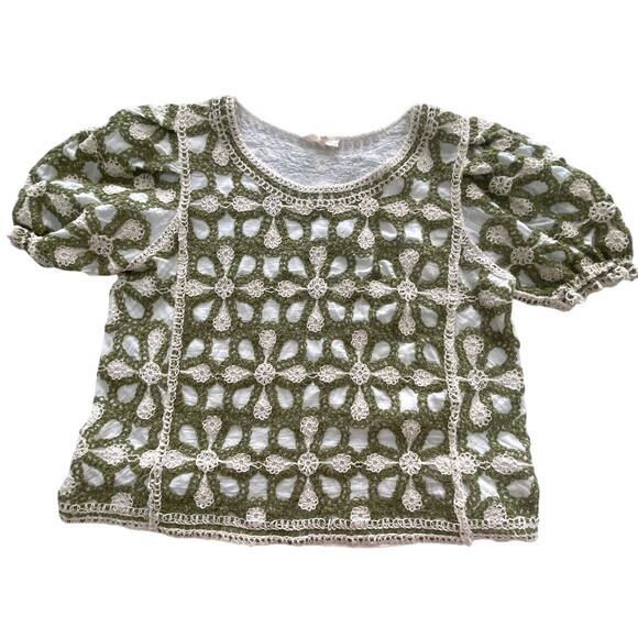 Anthropologie Solitaire Floral Green and White Puff Sleeve Crochet Top L - Picture 1 of 6